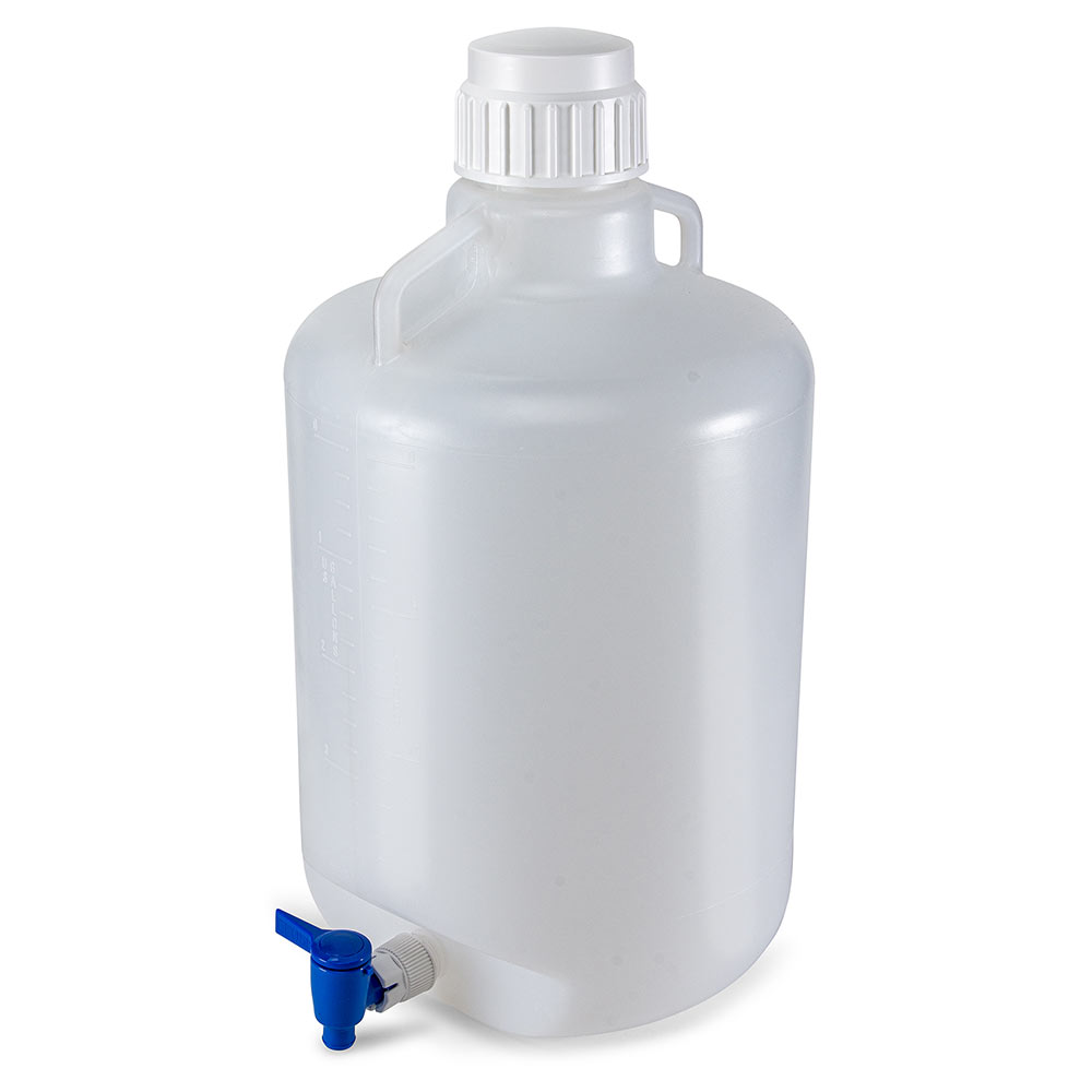 Globe Scientific Carboy, Round with Spigot and Handles, LDPE, White PP Screwcap, 20 Liter, Molded Graduations Carboy; carboy with handle; Round Carboy; LDPE; 20L